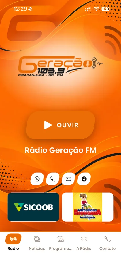 Tela principal do app da Rádio Geração FM