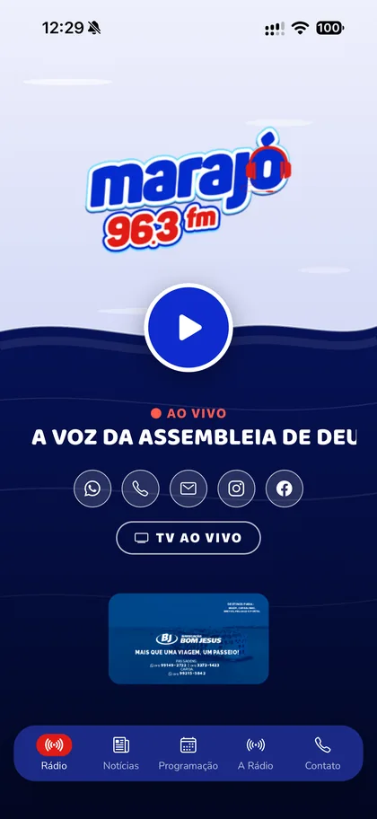 Tela principal do app da Marajó FM 96,3